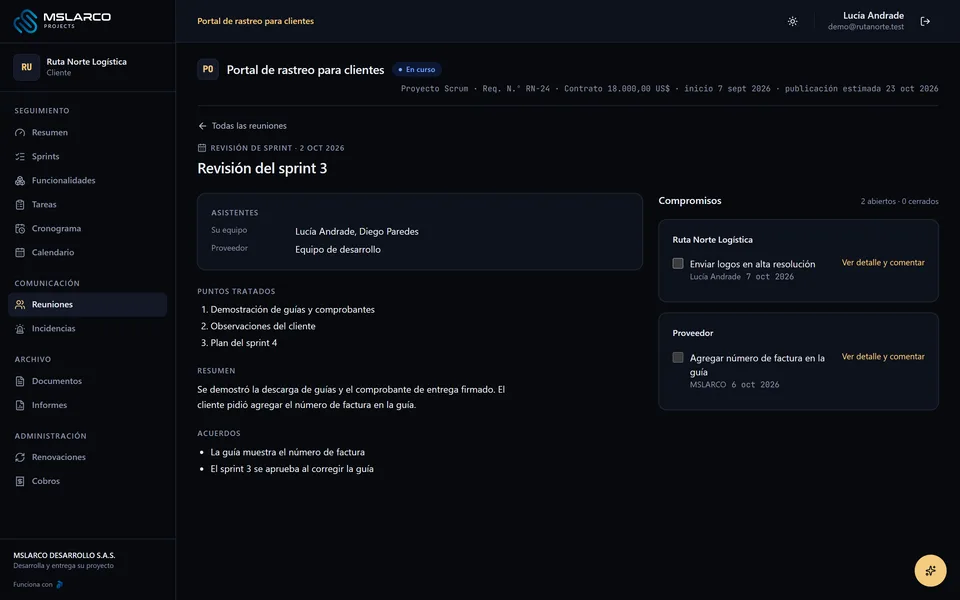 Una reunión a pantalla completa con sus acuerdos y los compromisos de cada parte.